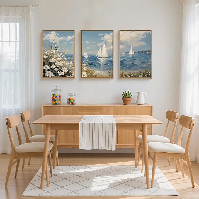 FWIEXA Coastal Wildflower Canvas Wall Art Framed, Ocean Sailboats Pictures Wall Decor, Beach Flower Seascape Painting, Blue Sky 3 Pieces 24x36In Artwork for Living Room, Bedroom, Bathroom, Rustic Farmhouse