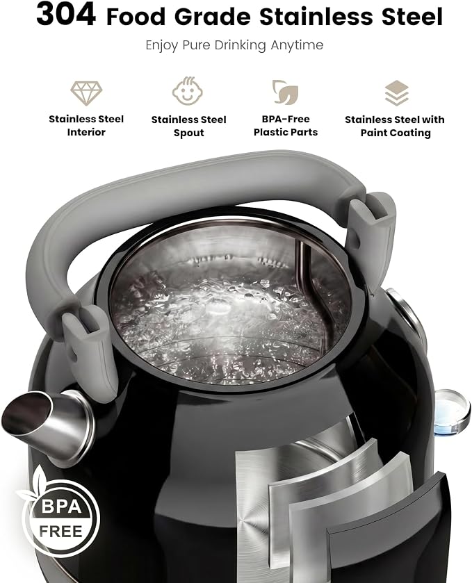 Amaste Electric Kettle, Retro Electric Tea Kettle With Thermometer, 57 Oz Hot Water Kettle For Coffee & Tea, 304 Stainless Steel, 1500w Fast Boiling, Auto Shut-Off & Boil Dry Protection, Black