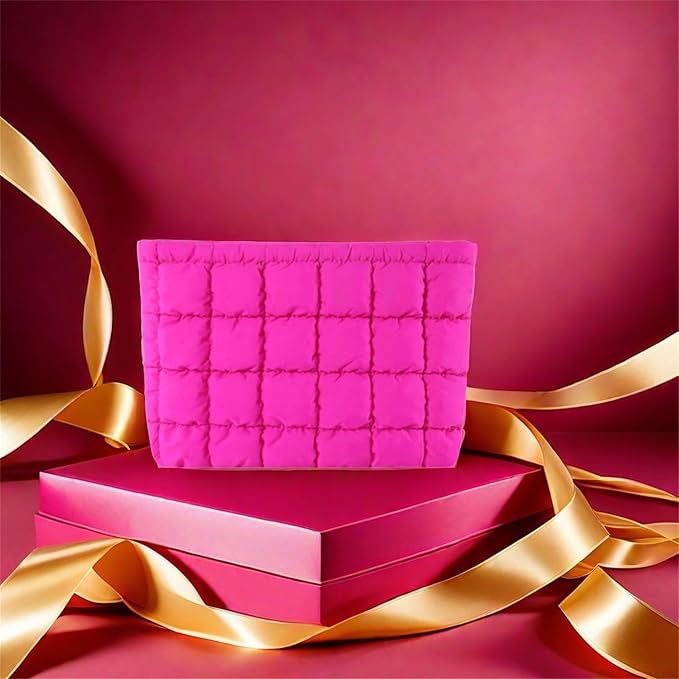 Soft Checkered Quilted Puffy Makeup Bag for Women, Aesthetic Puffer Cosmetic Bag Pouch for Purse (Hot Pink)