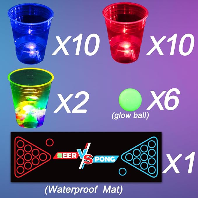 Glowing Beer Pong Table Mat for Drinking Game Light Up Plastic Cups and Pongs Beer Pong Set for Party Game Indoor Outdoor Pong Game, Party Supplies Decor 71 * 23inch