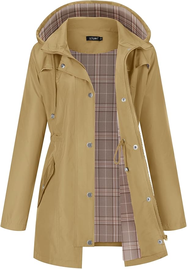 LOMON Women Waterproof Outdoor Hiking Raincoat Women Lined Rain Jacket Lightweight Hooded Jackets Trench Coats