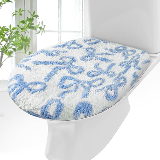 Blue Bow Toilet Lid Cover Washable Coquette Cute Plush Toilet Cover for Bathroom Decor Soft Microfiber 17.5 x 15 Inch Non Slip Rubber Backing Fits Most Round, Elongated