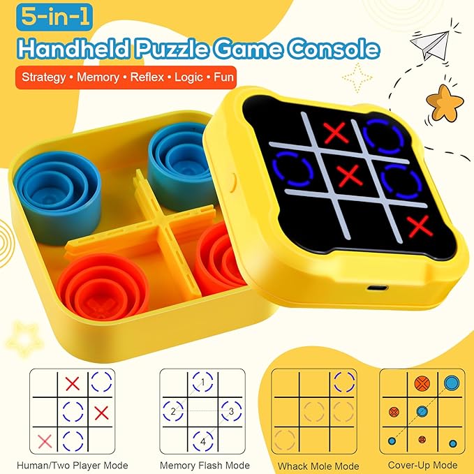 Tick-Tack-Toe Game 5-in-1 Electronic Handheld Puzzle Console for Adults, Tac Tic Educational Board Game Memory & Brain Modes, Rechargeable Portable Travel Toy, Birthday Present