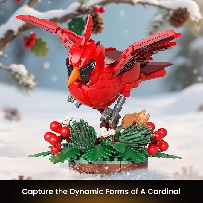 JAKI Northern Cardinal Building Kit, Red Bird with Holly Plant Botanical Collection Building Toys, Relaxing Build for Nature Lovers, Home Décor for Adults Kids