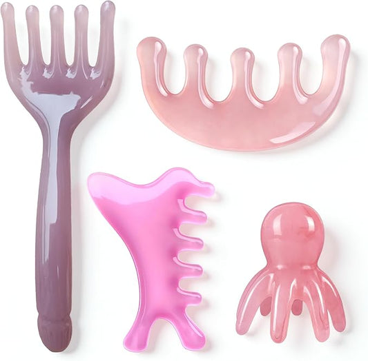 4 Pcs All-in-One Head Massager Set: Scalp Comb, Gua Sha, Octopus & Five Claw Tool for Stress Relief, Relaxation, Acupressure - Gift for Christmas, Birthday, Mother's Day, Father's Day (Pink)