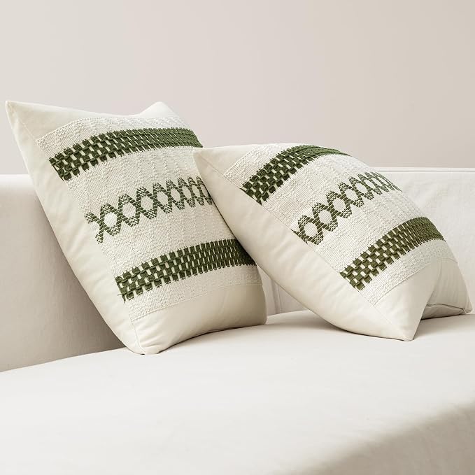 MIULEE Set of 2 Moss Green Boho Decorative Lumbar Pillow Covers 12x20 Inch | Farmhouse Couch Throw Pillows, Modern Cushion Covers, Macrame Woven Spring Decor for Bed Sofa Chair