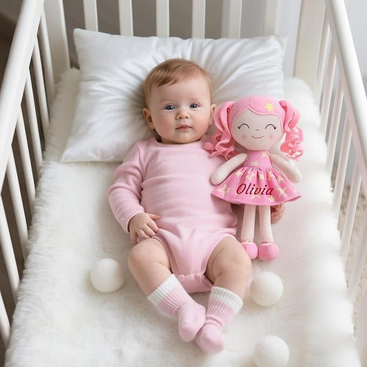 Gloveleya Personalized Baby Doll – Custom Name Rag Doll Gift for Girls | Pink Star Plush Keepsake for Birthday, Baby Shower & Christmas | Soft Huggable Comfort Toy 12 Inch