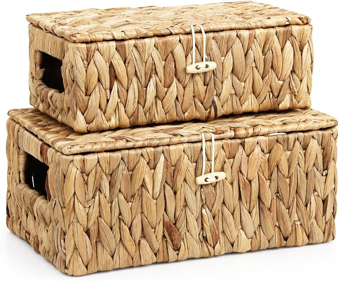 Water Hyacinth Wicker Baskets with Lids, Set of 2 | Small and Medium Storage Boxes, Shelf Organizer Bins, Rectangular Woven Design, Multipurpose Home Storage, Natural Decor