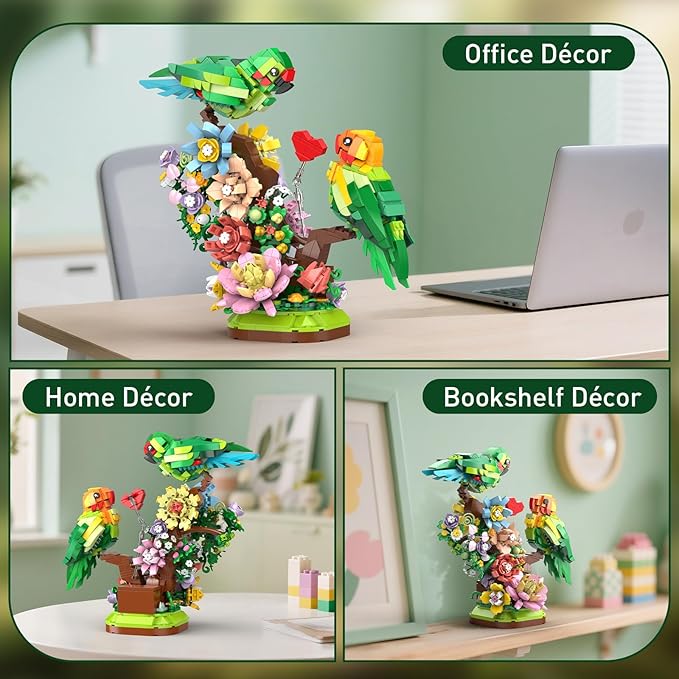 Flowers & Love Bird Building Set for Adults, Flower Parrot Botanicals Decor Model Kit with LED, Animal Toys Gifts Ideas for Kids Girls Boys Age 8+ (1050 PCS)
