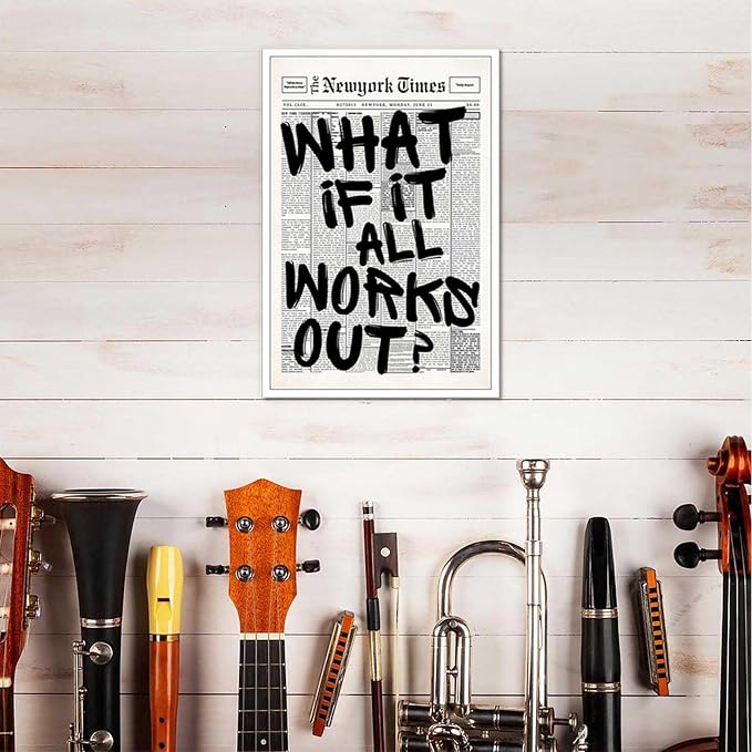 Drimiler Retro Black And White Newspaper Poster What If It All Works Out Canvas Wall Art Positive Affirming Quote Minimalist Prints Painting For Home Bedroom Dorm Wall Decor 16x24in Unframed