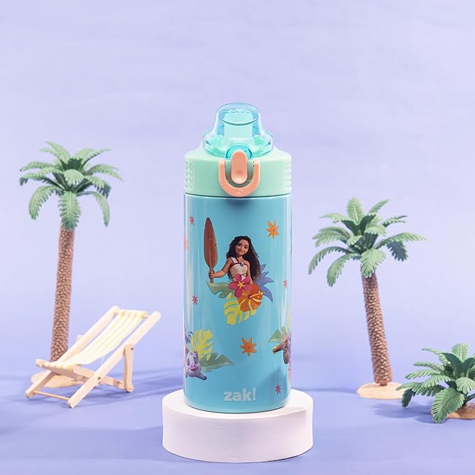 Zak Designs Disney Moana Sage Kids Water Bottle For School or Travel, 14oz Stainless Steel Water Bottle With Straw, Handle, and Leak-Proof, Pop-Up Spout Cover (Moana, Maui, Pua, Hei Hei)
