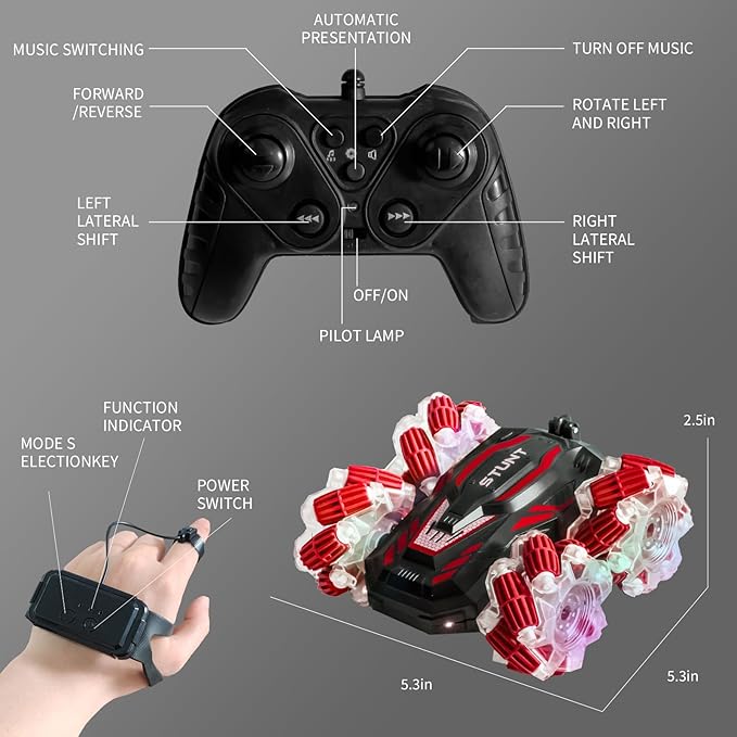 YEMIAI Gesture Sensing RC Stunt Car, 2.4 Ghz 4WD Remote Control Cars, Cool Lighting and Music, Double-Sided Rotating Off-Road Vehicle 360° Flipping Car, Present for Boys and Girls Aged 6-12