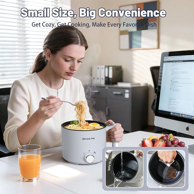 Electric Hot Pot 1.5L Nonstick Ramen Cooker for One-Person | Dual Power Setting for Hot Pot, Pasta/Soup/Oatmeal/Egg, Portable for Dorm/Travel, Overheat & Boil-Dry Protection (Grey, 1.5L)