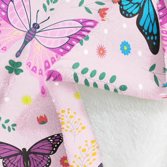 Wajade Butterfly Throw Blanket for Girls Teens Women Pink Soft Fuzzy Flannel Bed Blanket for Couch Sofa Bedroom Plush Colorful Flowers Blankets 50”x60”