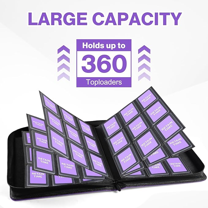 Toploader Binder, Holds 360 Toploaders, 100 Toploaders INCLUDED, 9-Pocket PU Cover Top Loader Binder for 3" x 4" Rigid Toploader, Ringless Double-Sided Toploader Card Binder for TCG, Sport Cards