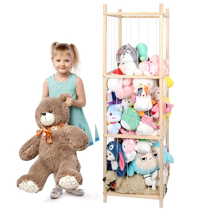 Wooden Stuffed Animal Storage Zoo Stuffed Animal Holder,Space Save Vertical Stuffed Animals Organizer with Elastic for Bedroom Playroom Nursery (59'' H (3-Shelf))