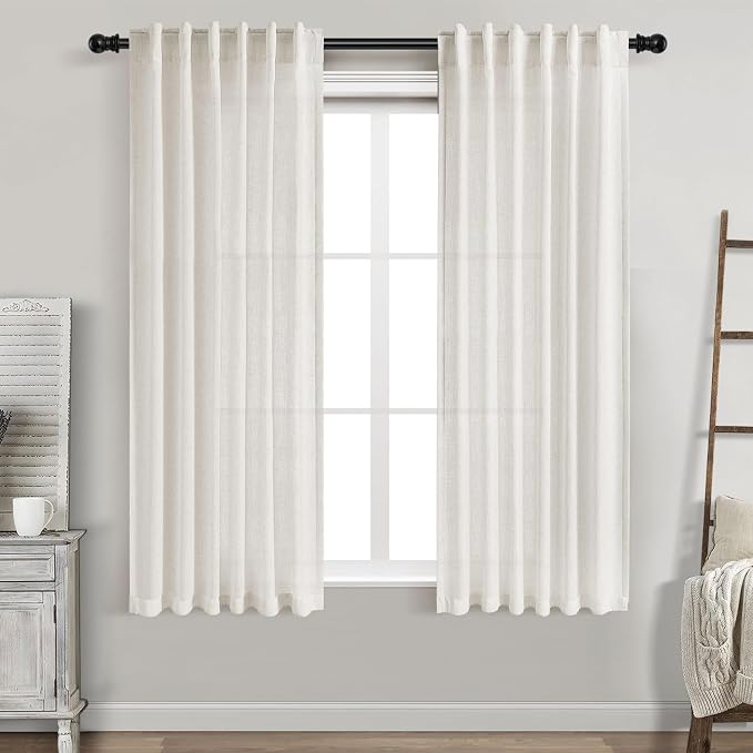 Cream Linen Curtains 63 Inches Long for Bedroom Back Tab Light Filtering Privacy Sheer Curtains Modern Farmhouse Coastal Decor Cream Cotton Textured Gauze Curtain for Bathroom 2 Panel Set 42x63