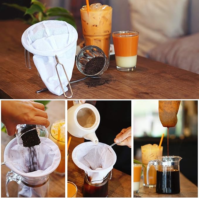 Traditional Thai Style Stainless Steel Reusable Mesh Filter for Thai Tea, Coffee & Loose Leaf Drinks, Strainer Sock 3 Inches