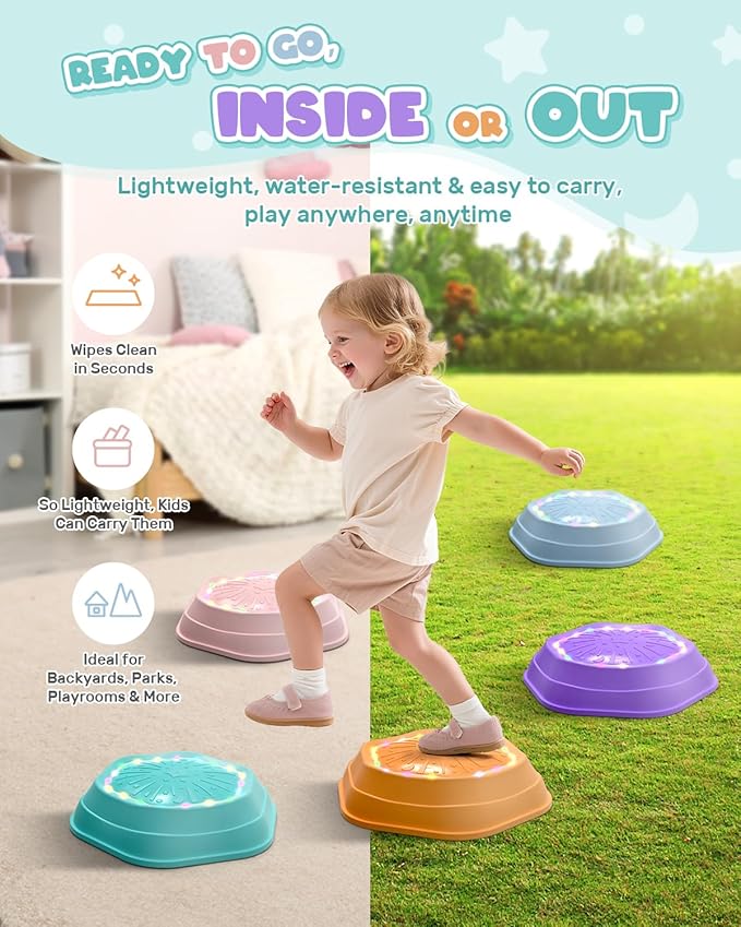Holyton Upgraded Music Light-Up Stepping Stones for Kids, 5-Pack Sensory Balance Toys with Batteries, Non-Slip Design, for Ages 3–8, Ideal for Sensory Training, Indoor & Outdoor Play, Great Gift Idea
