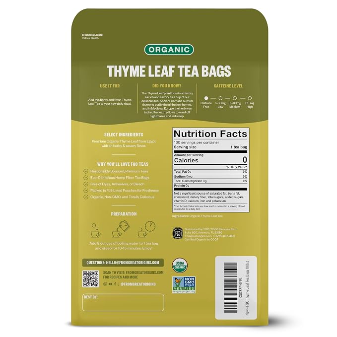 FGO Organic Thyme Leaf Tea, 100 Count, Eco-Conscious Tea Bags, Caffeine Free, Resealable Bag, Packaging May Vary (Pack of 1)