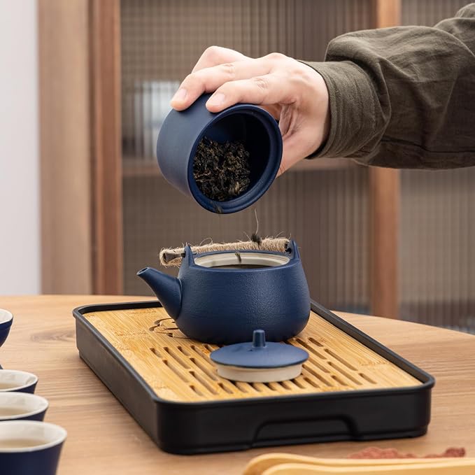 14-Piece Portable Ceramic Travel Tea Set - Chinese Kung Fu Tea Kit with Bamboo Tray & Leather Carry Bag (Blue) for Home/Office/Camping/Gifting