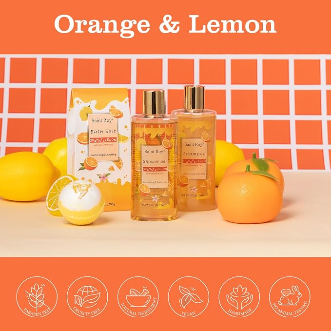 Orange spa gift set Great Gift, Spa Gifts for girls, Bath & Body care Set | Lemon Gift Baskets for Woman, 11pcs Bath Gift Set for Women, Birthday Gift Christmas Gifts for Women Citrus Spa Gift Basket