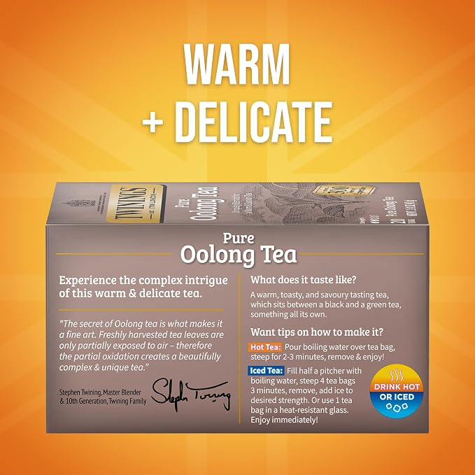 Twinings Pure Oolong Tea Individually Wrapped Bags, 20 Count (Pack of 1), Warm, Nutty Flavour & Golden Colour, Caffeinated, Enjoy Hot or Iced, 20 Teabags