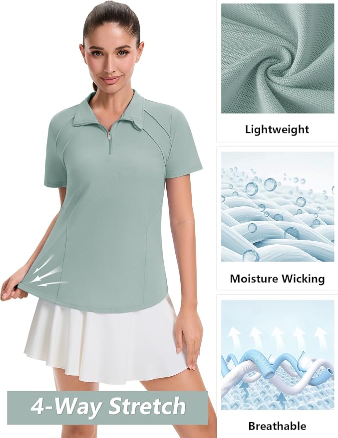 LOMON Womens Golf Polo Shirt Summer Short Sleeve Quarter Zip Outfit | Side-Pockets,Princess Seams,Cotton,Wrinkle Free,Moisture Wicking,Quick-Dry,Lightweight,Collared,for Tennis Workout