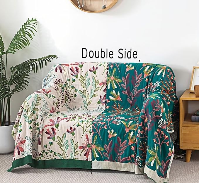 Boho Throw Blanket for Bed 100% Cotton Bohemian Blankets Ultra Soft Woven Muslin Decorative Blankets All Seasons Vintage Quilt Knitted Blanket for Sofa Chair(Green, 80"x90")