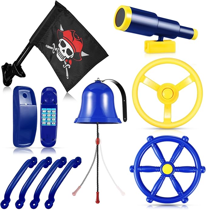 Foilswirl Swing Set Accessories Outdoor Playground Accessories Backyard Playground Equipment with Telephone, Ship Wheel, Telescope, Bell, Safety Handle Bars, Pirate Flag for Playhouse (Blue, Yellow)