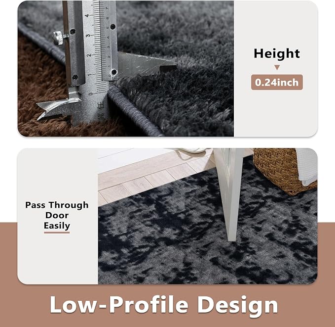FinRèc 4x6 Washable Area Rugs for Bedroom Living Room, Low Pile Thin Ultra Soft Shag Rug, Non-Slip Carpet Indoor for Home Decor (Tie-dye Dark Grey)