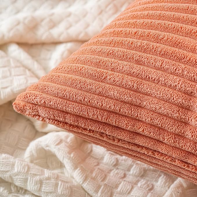 MIULEE Decorative Corduroy Throw Pillow Covers Set of 2 16x16 Coral Red | Soft Striped Textured Cushion Cases, Boho Square Lovely Cute Pillowcases, Home Decor for Couch Chair Sofa Bed Living Room