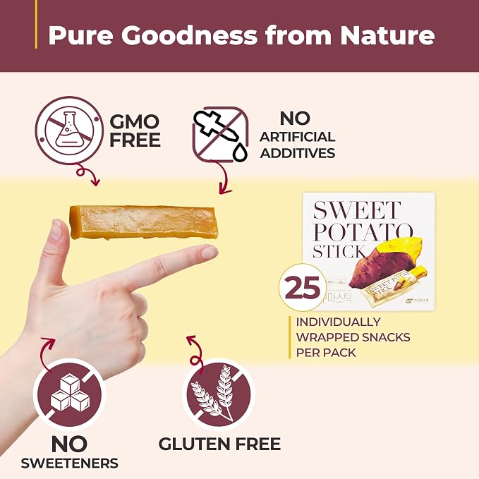 Gangwon Chewy Korean Sweet Potato Snacks, Vegan, No Sugar Added, 25 Packs | Individually wrapped 25 packs · Gluten-free · Non-GMO · Semi-dried · 100% natural vegan sweet potato snack, no sugar added