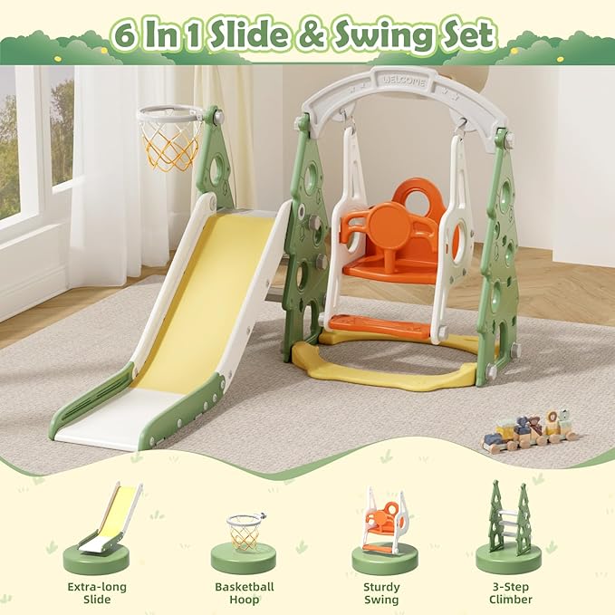 KORIMEFA 4-in-1 Kids Slide and Swing Set, Toddler Slide with Basketball Hoop, Swing, Outdoor Indoor Playground for Toddlers 1-3 Pine Shape Design(4 in 1-Green)