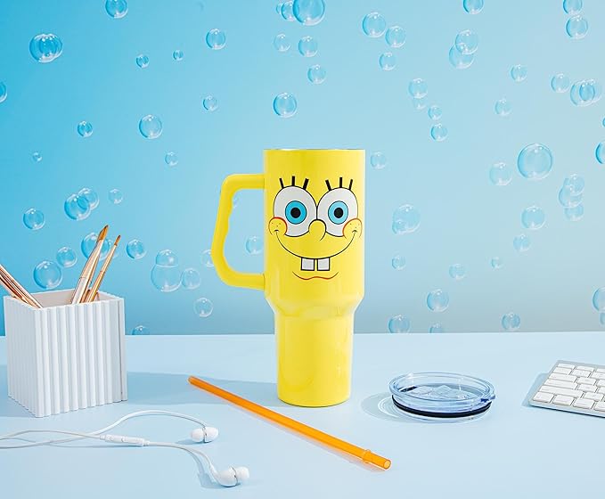 Silver Buffalo SpongeBob SquarePants Double Walled Stainless Steel Tumbler with Handle, Fits in Standard Cup Holder, 40 Ounces
