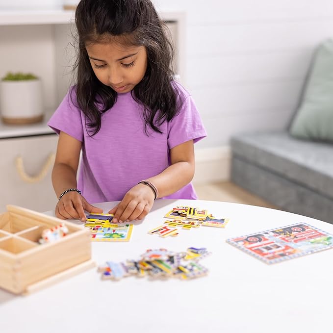 Melissa & Doug 4‑in‑1 Wooden Vehicle Jigsaw Puzzle Set, 48 Pieces with Storage Box, Toddler Puzzle Toy for Kids Ages 3+- FSC Certified