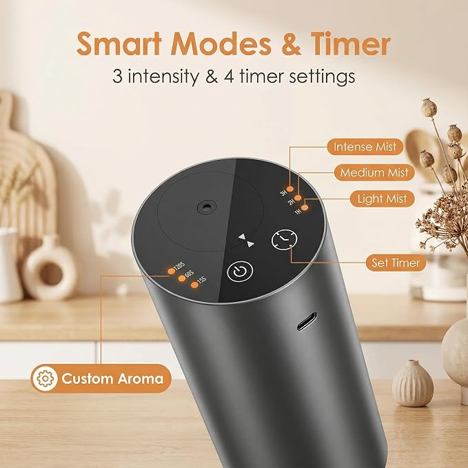 Car Diffuser, Waterless Essential Oil Diffuser with 2000mAh Battery & Timer, Adjustable Mist Cordless Aromatherapy for Car, Portable Air Freshener with Premium Aluminum Alloy & Type-C Charging(Grey)