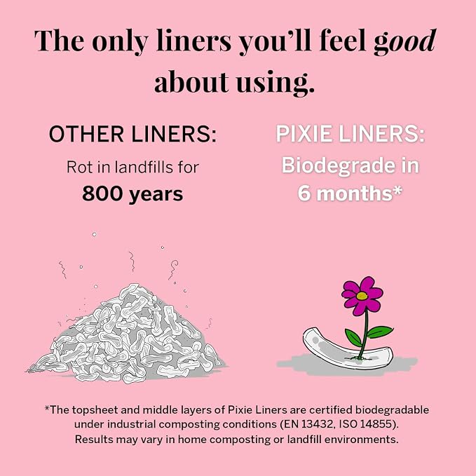 Pixie Organic Cotton Panty Liners for Women - Long Wrapped Pantiliners - Light Absorbency & Ultra-Thin - Leak-Proof, Hypoallergenic & Unscented for Feminine Care - Compostable - 44 Count
