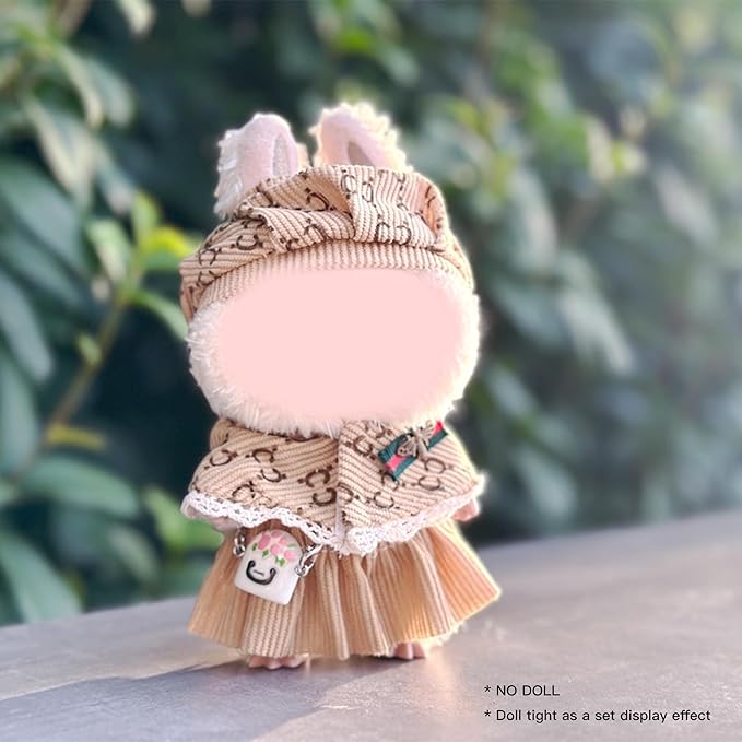 17cm Doll Clothes Set and Accessories Suit, (NO Doll) 4-Piece Set, British Style,Clothes for labubu, Including Shawls, Beret, Skirts, Bags (Khaki)