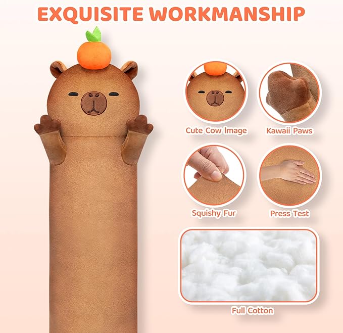 Long Capybara Plush 5 Sizes, 120% Extra Filling Giant Plushness Kids Body Pillow, Kawaii Cute Capybara Stuffed Animals Plushies, Big Long Body Pillow Cat Plush Gift for Girls 20”