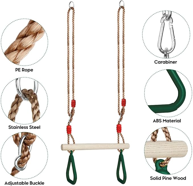Trapeze Swing Bar with Rings, Wooden Trapeze Swing Bar with Plastic Gym Rings Adjustable Rope, Locking Straps, Outdoor Swing Set Playground Accessories for Kids (Green)