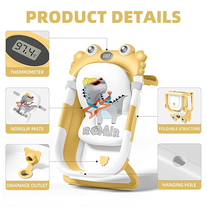 Collapsible Baby Bathtub for Newborns to Toddler with Real-time Temp Monitor & Floating Cushion,Portable Travel Tub Foldable Baby Bath Tub for Infants (Yellow)