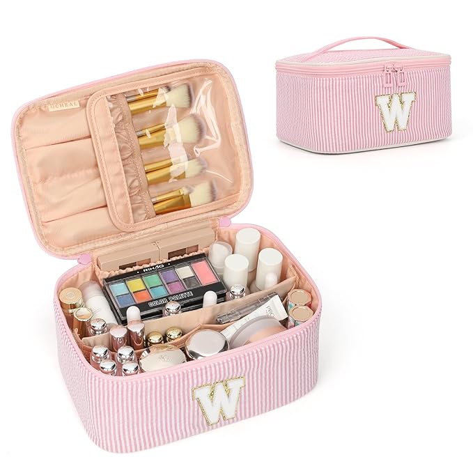 OCHEAL Makeup Bag Valentines Day Gifts for Women, Monogram Cosmetic Bag Pink Travel Makeup Case Beauty Toiletry Bag Organizer Personalized Gifts for Girls Bridesmaid, Sister, Wife, Friends Initial W
