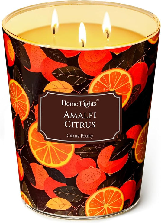 HomeLights 3-Wick Candles for Home Scented - 34oz Soy Wax Blend Candle Long-Lasting Fragrance, Eclectic Mixed Styles Home Decor and Housewarming Gifts, Amalfi Citrus