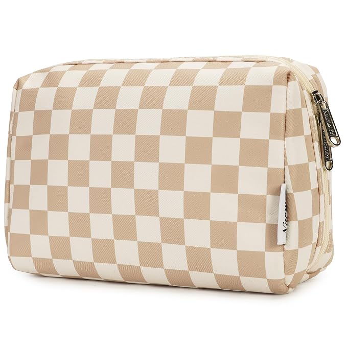 Narwey Checkered Makeup Bag Travel Cosmetic Bag Organizer Toiletry Bag Make Up Bags with Compartments for Women Girls (Large, Light Checkerboard)
