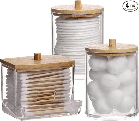 Tbestmax Qtips Holder Bathroom Container, 10/7 OZ Cotton Ball/Swabs Dispenser, Apothecary Jar Organizer for Storage Wood Lids