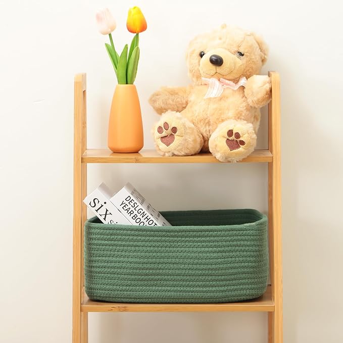MiniArk Small Storage Baskets for Organizing | Closet Organizer Bins | Shelf Toy Basket | Woven Rope Baskets | Cube Decorative Box | Shallow Basket | 11.5x7.5x4.7” | 4 Packs Green