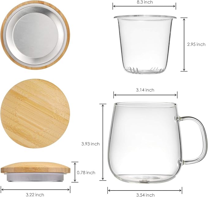 Lezero 15oz Tea Infuser Cups with Strainer and Lid, Glass Filter Mugs Brewing Kit for Loose Leaf-Tea & Blooming, Heat Resistance, Lead-free, Microwave & Dishwasher Safe