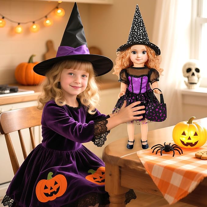 18 Inch Doll Clothes Accessories, Halloween Witch Costume Candy Corn Suit Set with Witch Hat Candy Bag for Doll Halloween Costumes Gifts