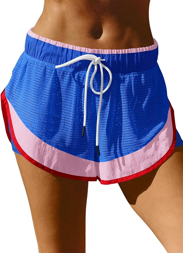 Fisoew Women Athletic Shorts 2 in 1 Running High Split Color Block Workout Yoga Mesh Shorts Pocket Drawstring